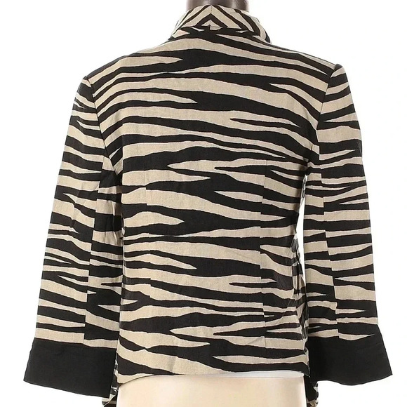 Alberto Malaki Linen Blend Tan Black Zebra Animal Stripe Open Blazer Size Small - Picture 2 of 6